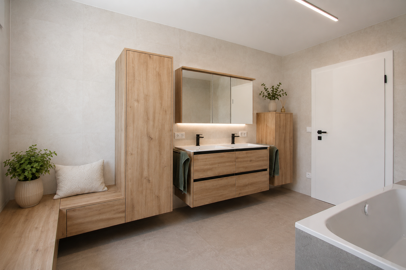 Maßgefertigtes Badezimmer in Eiche mit Doppelwaschtisch, Glaswaschbecken, Spiegelschrank und schwarzen Armaturen